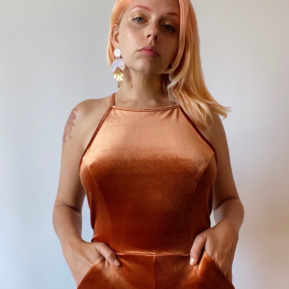 Gorgeous Amber Velvet Jumpsuit with Keyhole Back